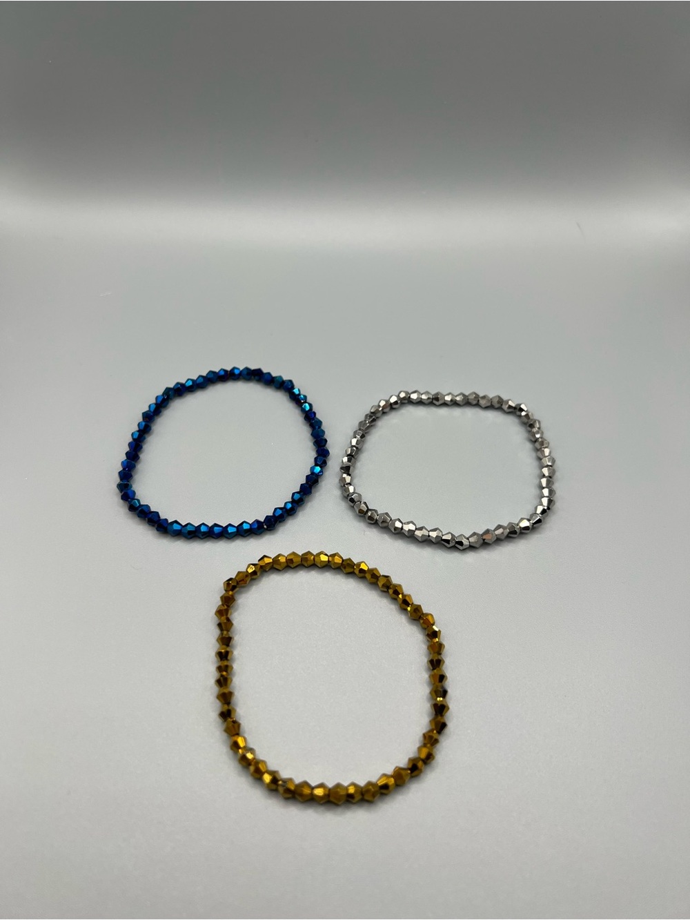 Beaded Stretch Bracelets - Blue, Silver & Gold - Handmade #B0163T